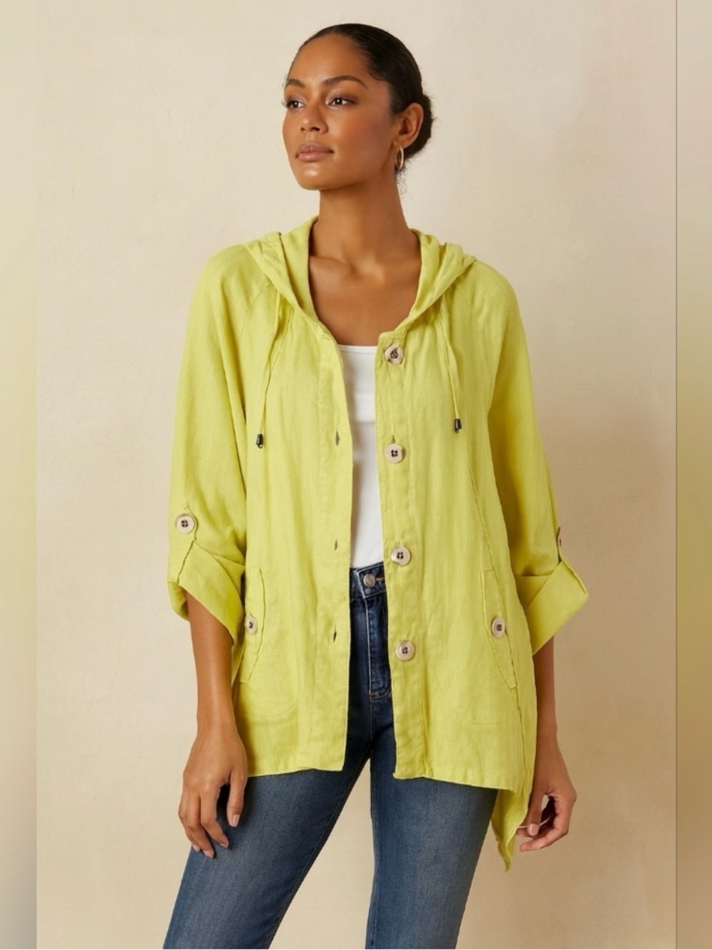 For Cynthia Linen Celadon Buttoned Jacket